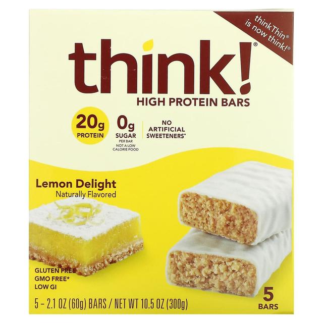 Think! Think !, High Protein Bars, Lemon Delight, 5 Bars, 2.1 oz (60 g) Each on Productcaster.