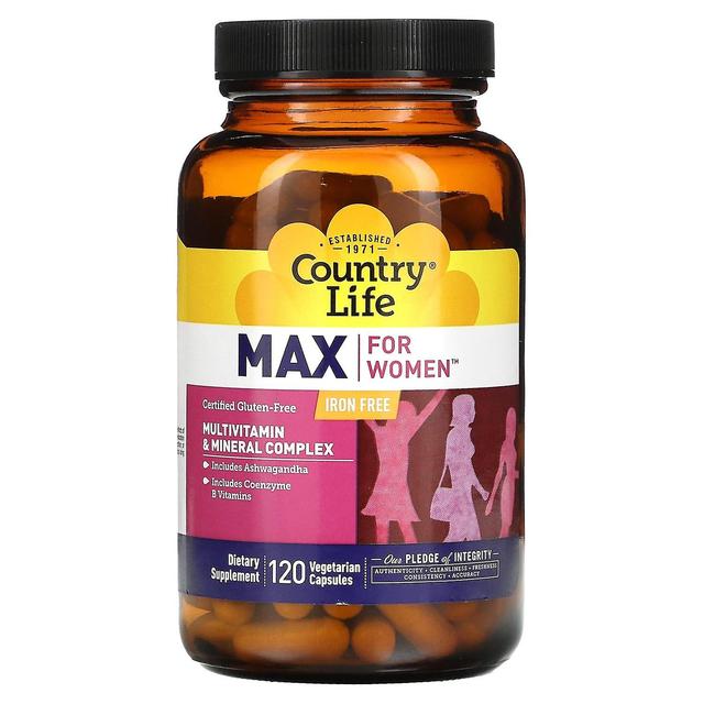 Country Life, Max naisille, Multivitamiini- ja mineraalikompleksi, Rautaton, 120 Kasvissyöjäkapselit on Productcaster.