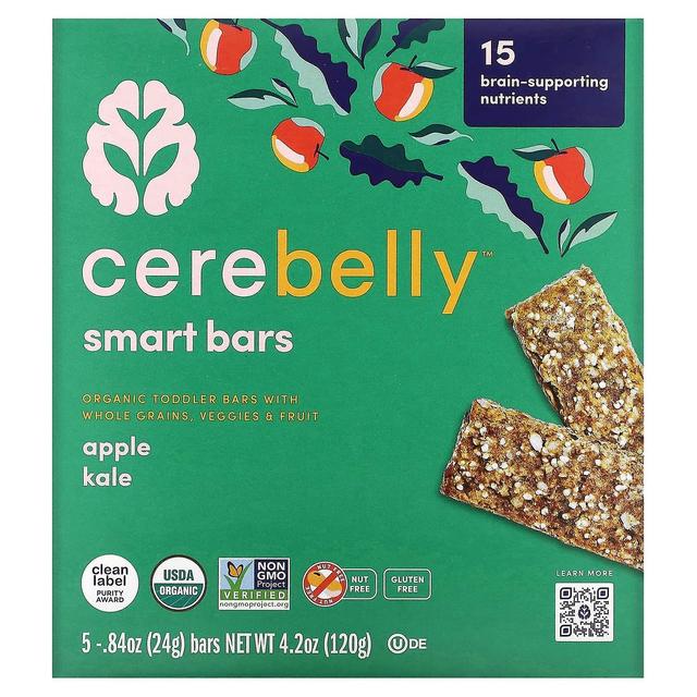 Cerebelly, Smart Bars, Organic Toddler Bars, Apple Kale, 5 Bars, 0.84 oz (24 g) Each on Productcaster.