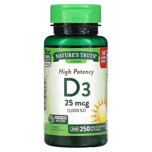 Nature's Truth Luonnon totuus, voimakas D3-vitamiini, 25 mcg (1,000 IU), 250 nopeasti vapautuvaa pehmeää geeliä on Productcaster.