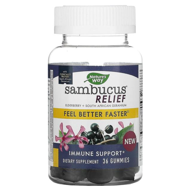 Nature's Way, Sambucus Relief, Suporte Imunológico, Sabugueiro + Gerânio Sul-Africano, 36 Gummies on Productcaster.