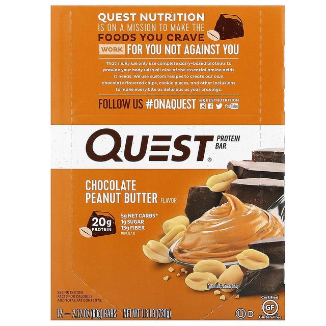 Quest Nutrition, Protein Bar, Chocolate Peanut Butter, 12 Bars, 2.12 oz (60 g) Each on Productcaster.