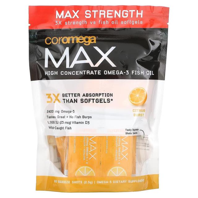 Coromega, Max, High Concentrate Omega-3 Fish Oil, Citrus Burst, 60 Squeeze Shots, (2.5 g) Each on Productcaster.