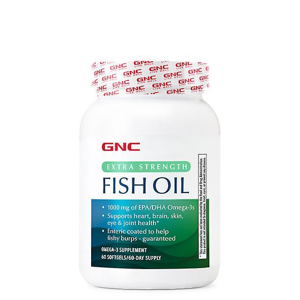 Gnc omega-3 fish oil extra strength, 60 softgel capsules, burp free, one per day, supports heart health on Productcaster.