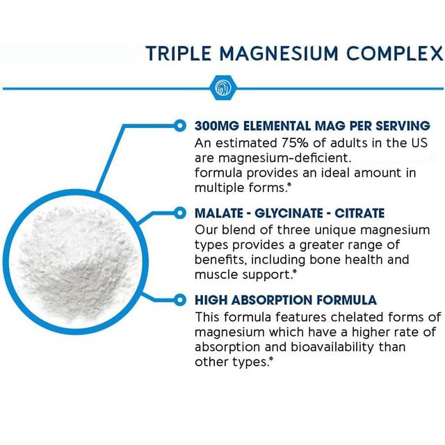 Mamusk Potrójny kompleks magnezu, 300 mg glicynianu magnezu, jabłczan magnezu o wysokiej absorpcji i cytrynian dla mięśni, nerwów, energii 270szt on Productcaster.