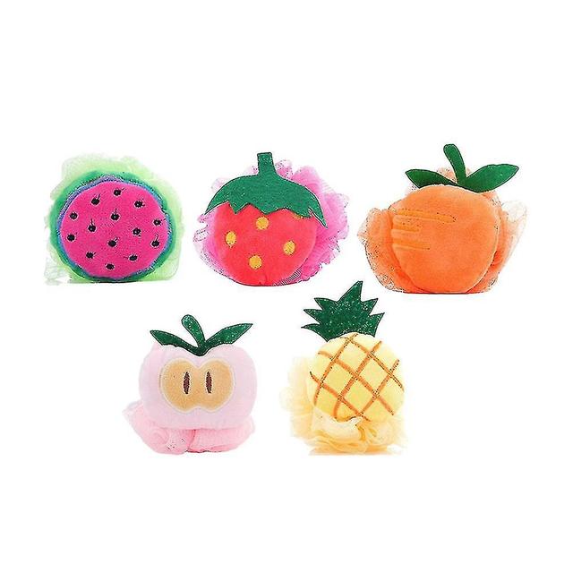 5pcs Creative Fruit Shape Bath Ball Flower Mesh Bathing Sponges (pineapple+strawberry+peach+watermelon+mango) on Productcaster.