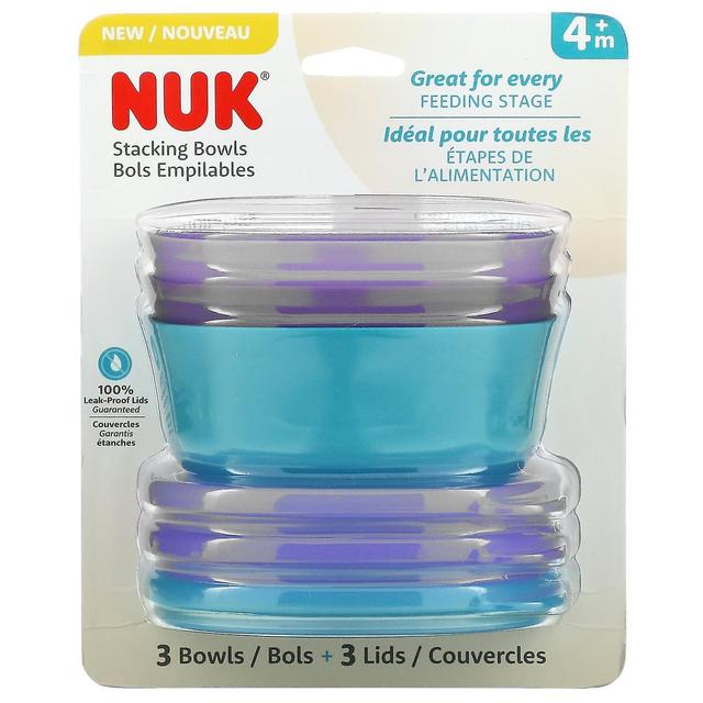 NUK, Empilhamento de Tigelas, 4+ Meses, Roxo e Teal, 3 Tigelas + 3 Tampas on Productcaster.