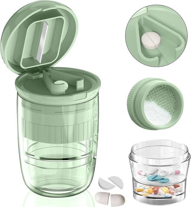 4 In1 Pills Crusher Cutter And Grinder Pills Splitter Crushes Pills, Two Built-in Pills Box Removable Drinking Cup White on Productcaster.