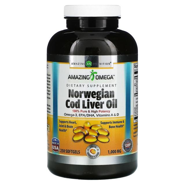 Amazing Nutrition, Norwegian Cod Liver Oil, Fresh Orange, 1,000 mg, 250 Softgels on Productcaster.