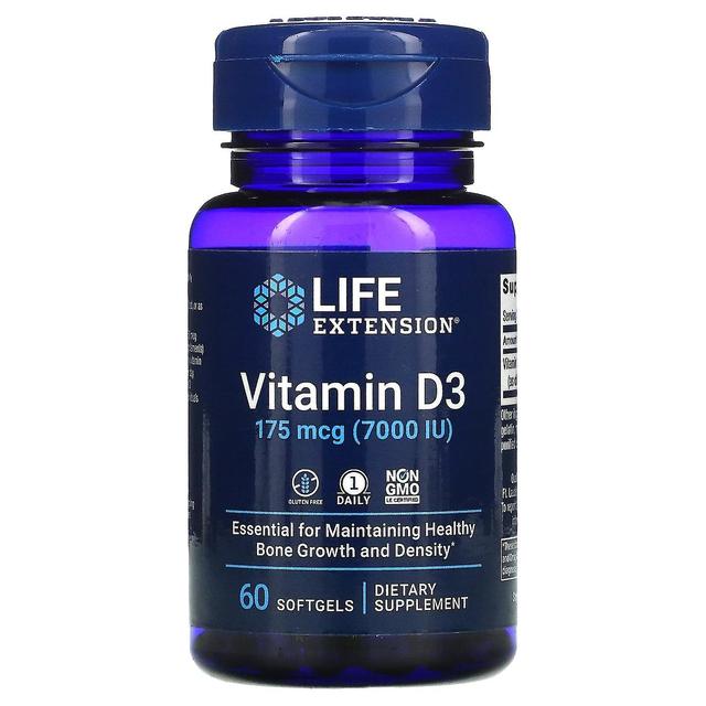 Life Extension, Vitamin D3, 175 mcg (7.000 I.E.), 60 Softgels on Productcaster.