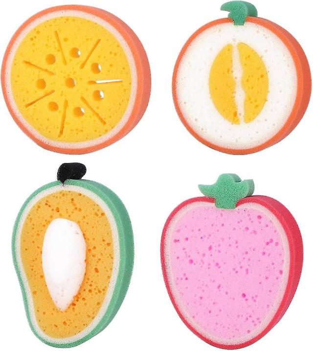 Set med 4 roliga blandade frukt ultramjuka badsvampar för baby småbarn badande, apelsin / jordgubbe / mango / persika on Productcaster.