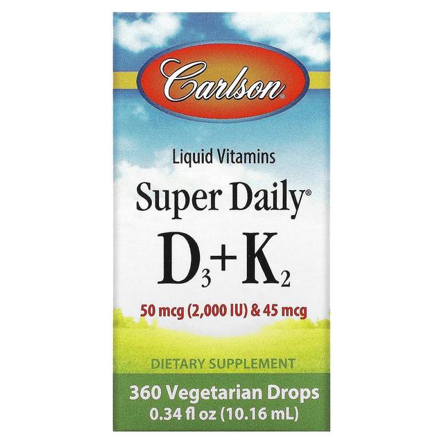 Carlson, nestemäiset vitamiinit, Super Daily D3 + K2, 25 mcg (1,000 IU) &; 22.5 mcg, 360 kasvispisaraa, 0.3 on Productcaster.