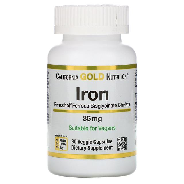 California Gold Nutrition, Ferrochel Iron (Bisglycinate), 36 mg, 90 Veggie Capsu on Productcaster.