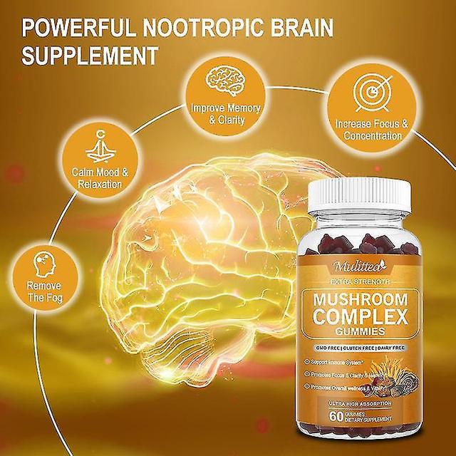 Guoguo Mushroom Gummies Brain Booster For Focus Memory Clarity Energy Nootropic Support Immunity With Turkey Tail Chaga Reishi Cordycep 60 gummies on Productcaster.