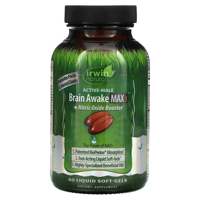 Irwin Naturals, Brain Awake Max 3 + Nitric Oxide Booster, 60 Liquid Soft-Gels on Productcaster.