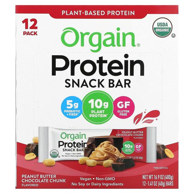 Orgain, økologisk plantebaseret proteinbar, jordnøddesmørchokoladestykke, 12 barer, 1,41 oz (40 g) hver on Productcaster.