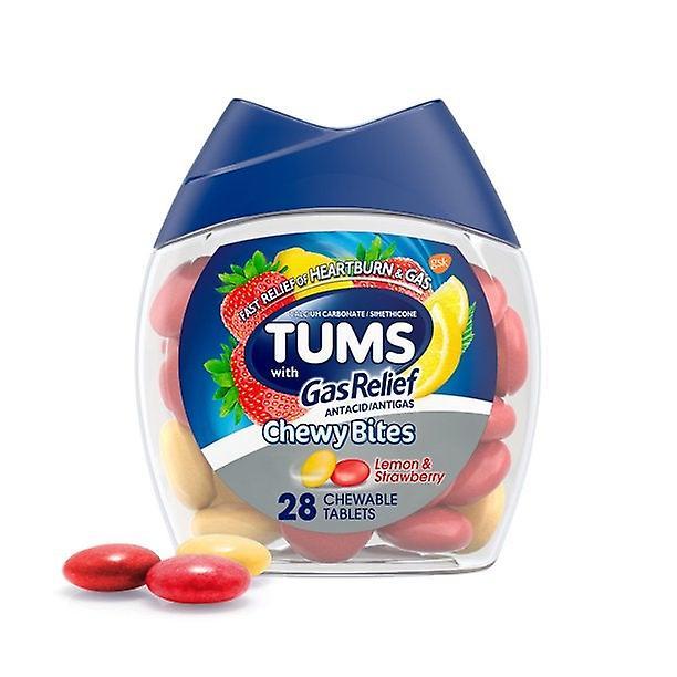 Tums chewy bites chewable antacid tablets with gas relief, lemon/strawberry, 28 count on Productcaster.