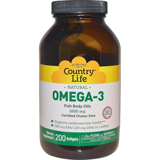 Country Life Maalaiselämä, luonnollinen omega-3, 1 000 mg, 200 pehmeää geeliä on Productcaster.