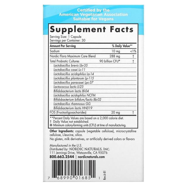 Nordic Naturals, Nordic Flora Probiotic, Maximum Care, 90 Billion CFU, 30 Capsules on Productcaster.