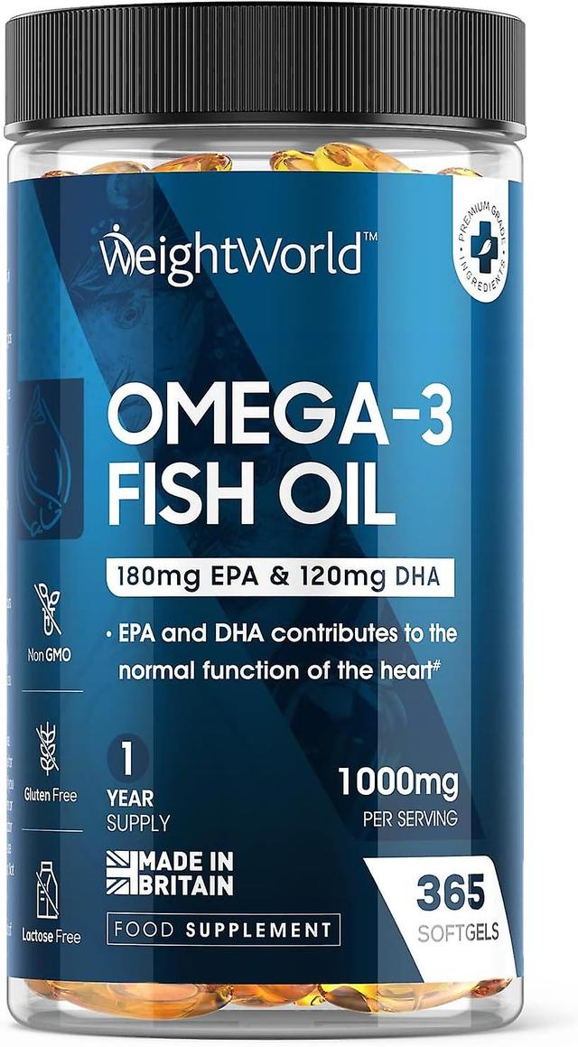 WeightWorld Omega 3 rybí olej 365 Kapsuly | Doplnok zdravia mozgu a srdca 1000mg mäkké gély podľa hmotnostiWorld on Productcaster.