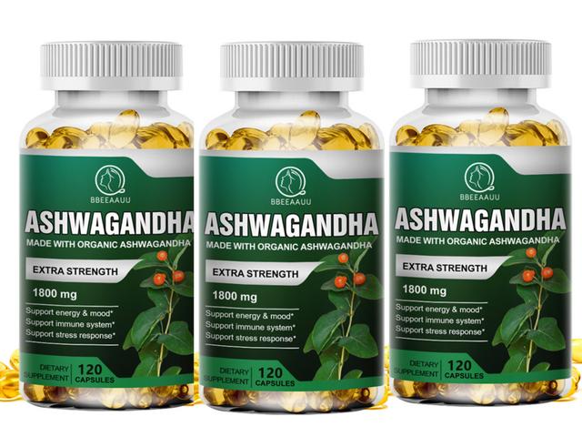 Tib Organic Health Food 1800mg Ayurvedic Ashwagandha Capsule Help Sleep Reduce Anxiety Enhances Immunity Energy Supplement 3bottle x120pcs on Productcaster.