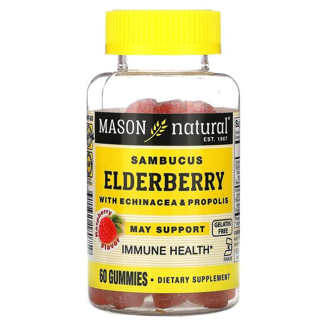 Mason Natural, Sambucus Elderberry with Echinacea & Propolis, Raspberry Flavor, 60 Gummies on Productcaster.