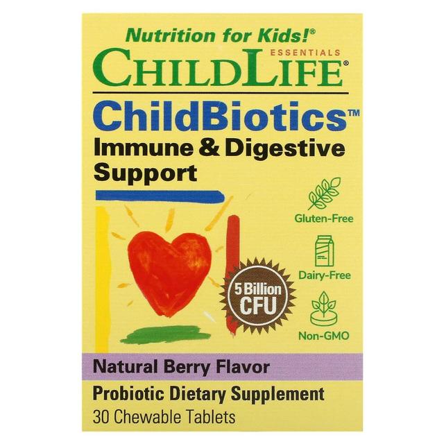 ChildLife, ChildBiotics, Immune & Digestive Support, Natural Berry, 5 Billion CFU, 30 Chewable Table on Productcaster.