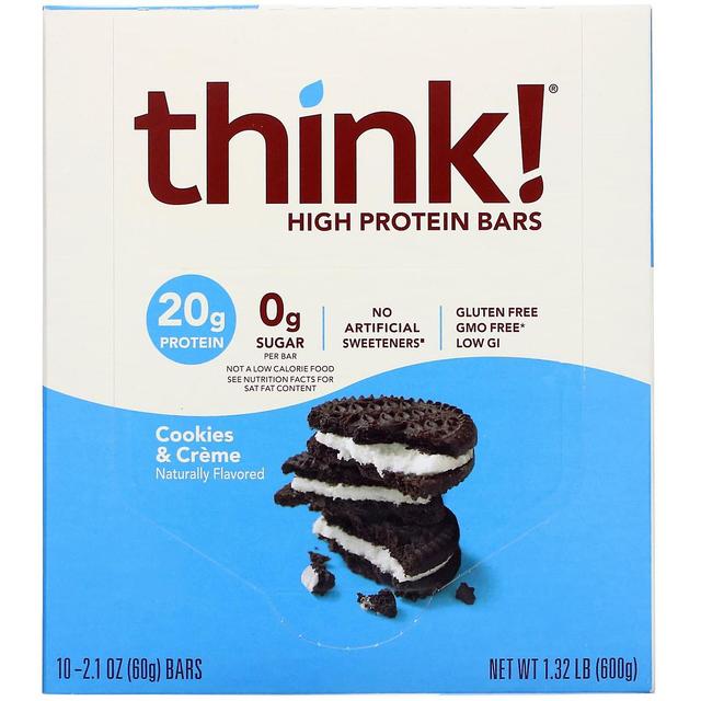 Think! Think !, High Protein Bars, Cookies and Cream, 10 Bars, 2.1 oz (60 g) Each on Productcaster.