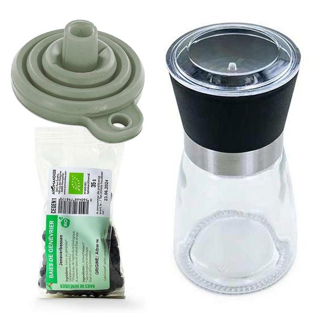 Aromandise Spice mill, funnel and organic juniper berries on Productcaster.