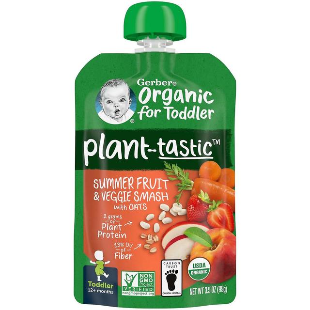 Gerber, Orgánico para niños pequeños, Plant-Tastic, 12 + meses, Aplastamiento de frutas y verduras de verano con avena, 3.5 oz on Productcaster.