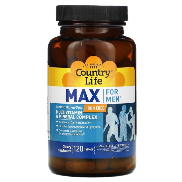 Country Life, Max for mænd, Multivitamin & Mineral Complex, Jernfri, 120 tabletter on Productcaster.