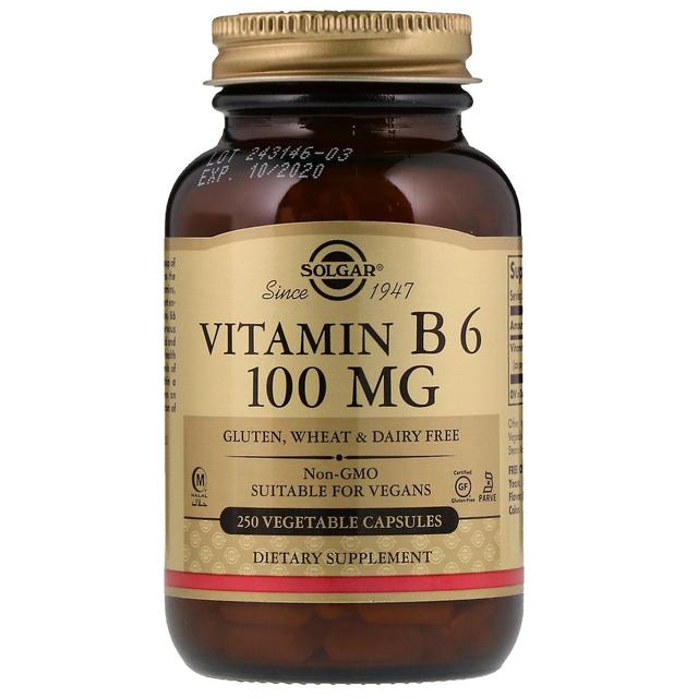 Solgar, B6-vitamiini, 100 mg, 250 kasvikapselia on Productcaster.