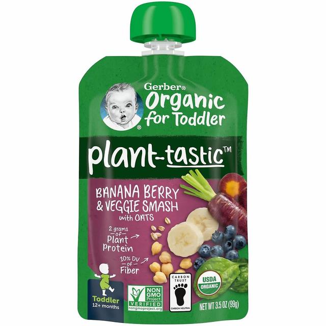 Gerber, Orgánico para niños pequeños, Plant-Tastic, 12+ Meses, Banana Berry & Veggie Smash with Oats, 3.5 oz on Productcaster.