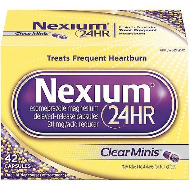 Nexium 24hr clearminis (20mg, 42 count) oneskorené uvoľnenie kapsúl na zmiernenie pálenia záhy, redukč kyseliny horečnatej esomeprazolu on Productcaster.