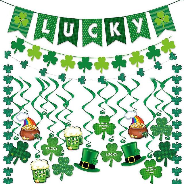 Día de San Patricio Lucky Clover Shamrock Pull Flag Banner Spirals Kit Irish Party Hanging Decoration on Productcaster.