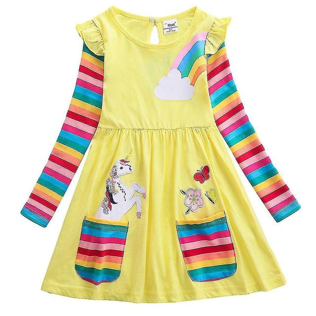 Kids Girl Unicorn Casual T-shirt Tunic Dress Long Sleeve Loose Fit With Pockets Yellow on Productcaster.