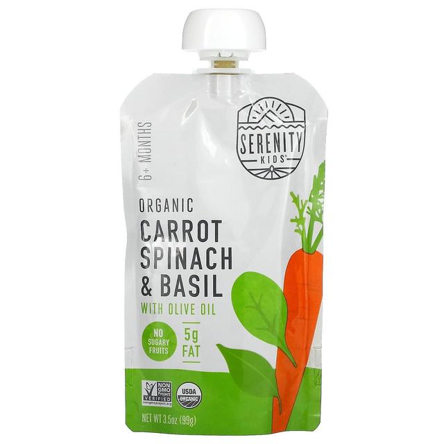 Serenity Kids, carote biologiche, spinaci e basilico con olio d'oliva, 6+ mesi, 3,5 once (99 g) on Productcaster.