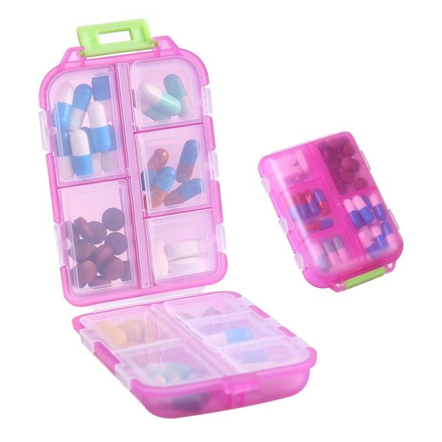 Travel Pills Organizer - 10 rum piller etui, kompakt og bærbar piller boks, perfekt til opbevaring på farten, piller holder til pung Pink on Productcaster.