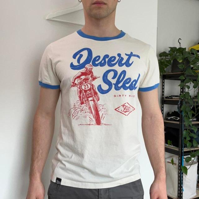 Men's T-shirt - Cream/Blue - S on Productcaster.