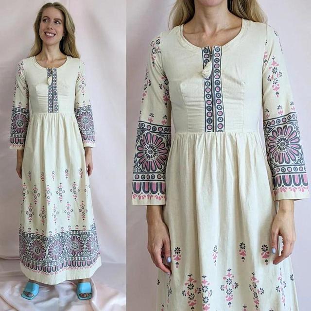 Vintage Women's Dress - Cream/Multi - 8 on Productcaster.