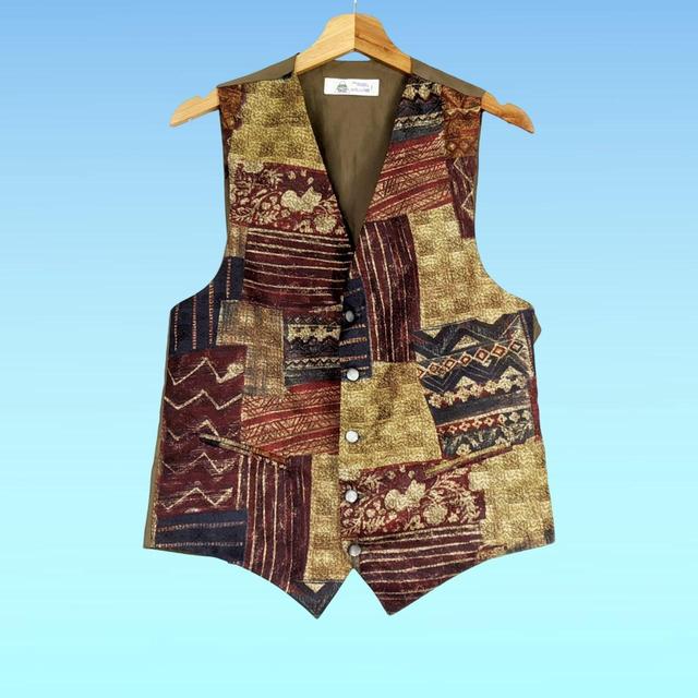 Vintage Men's Waistcoat - Yellow/Burgundy - L on Productcaster.