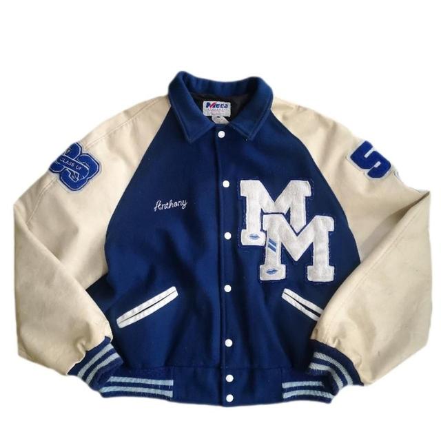 Vintage Men's Varsity Jacket - Cream/Navy - XL on Productcaster.