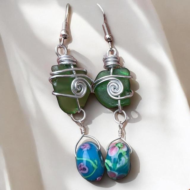 Reworked Women's Earrings - Silver/Green on Productcaster.