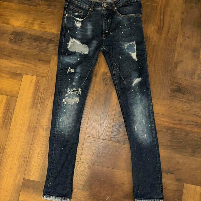 Zara Men's Painted Jeans - Navy/Blue - S on Productcaster.