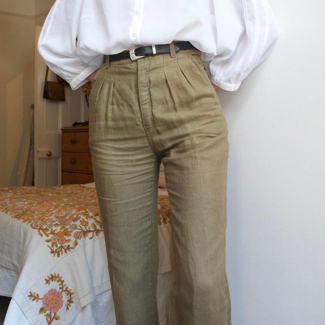 Unique Vintage Women's High waisted Trousers - Khaki/Green - 24" on Productcaster.