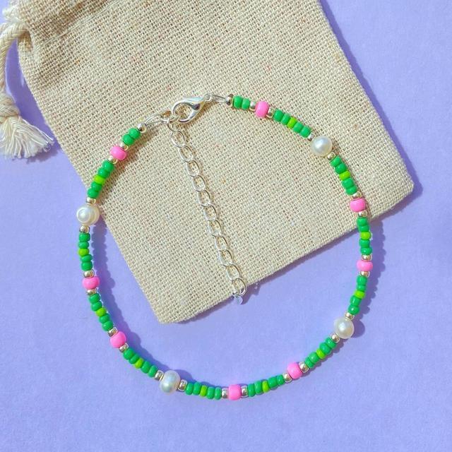 Handmade Women's Bracelet - Green/Pink on Productcaster.