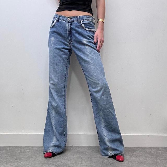 Vintage Women's Bootcut Distressed Jeans - Blue/Navy - UK 12 on Productcaster.