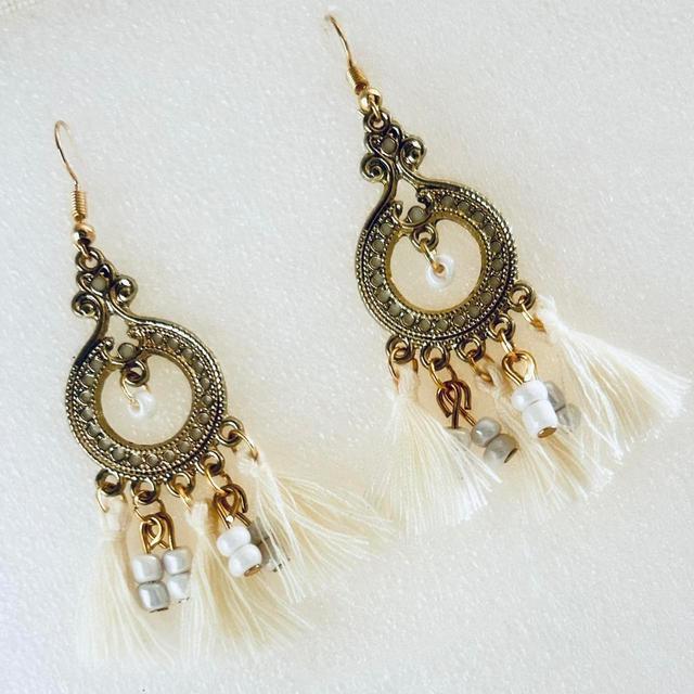 Women's Earrings - Gold/Cream on Productcaster.