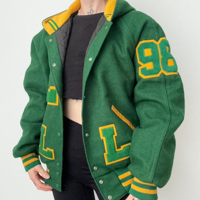 Vintage Women's Varsity Jacket - Green/Yellow - UK 14 on Productcaster.