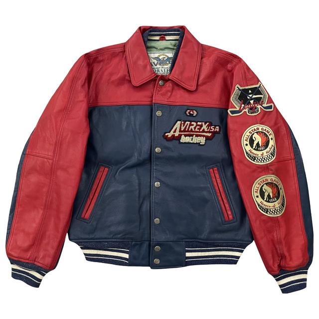 Avirex Men's Leather Jacket - Red/Blue - M on Productcaster.